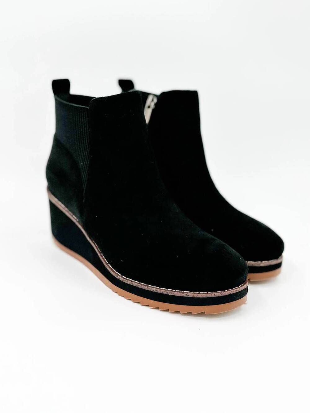 NEW CORKYS FOOTWEAR women's let's get lost faux suede wedge booties in black
